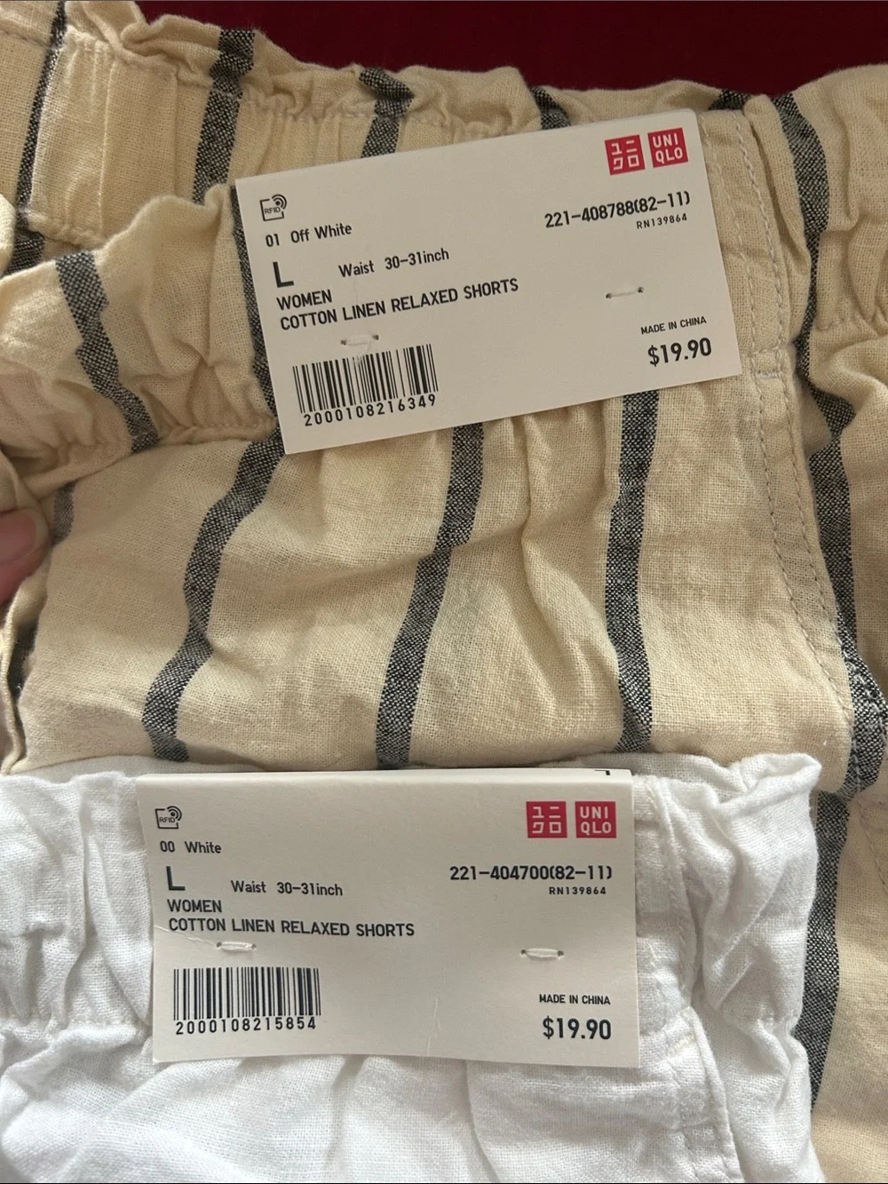 Uniqlo 2 Pairs of NWT Linen Cotton Shorts White and Off White Striped Large